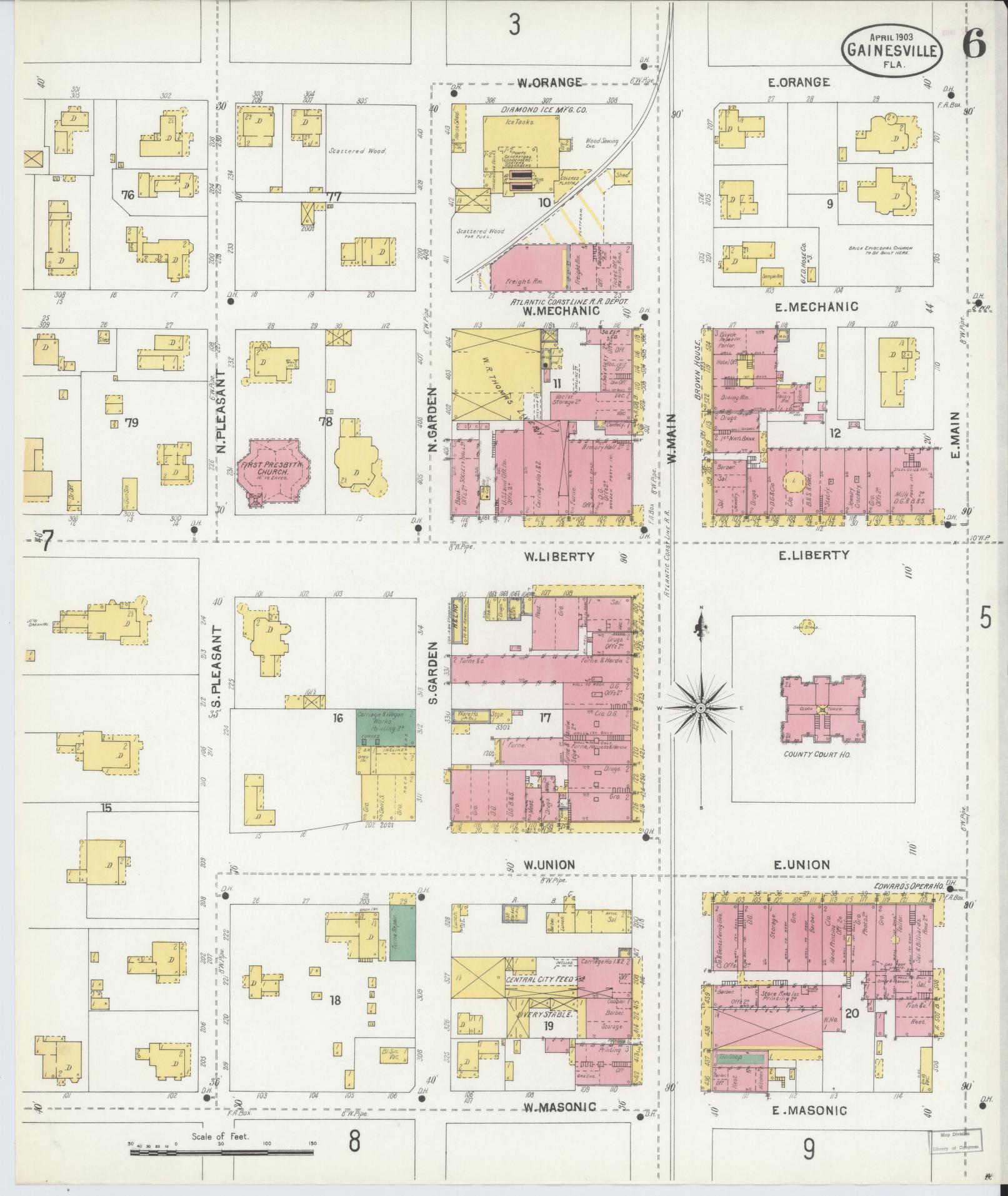 Sanborn Fire Insurance Map from Gainesville, Alachua County, Florida (1903), Sheet #0006 - Historic Sanborn Fire Insurance Map Print, vintage old map wall art, antique decor, genealogy gift, Florida Florida map