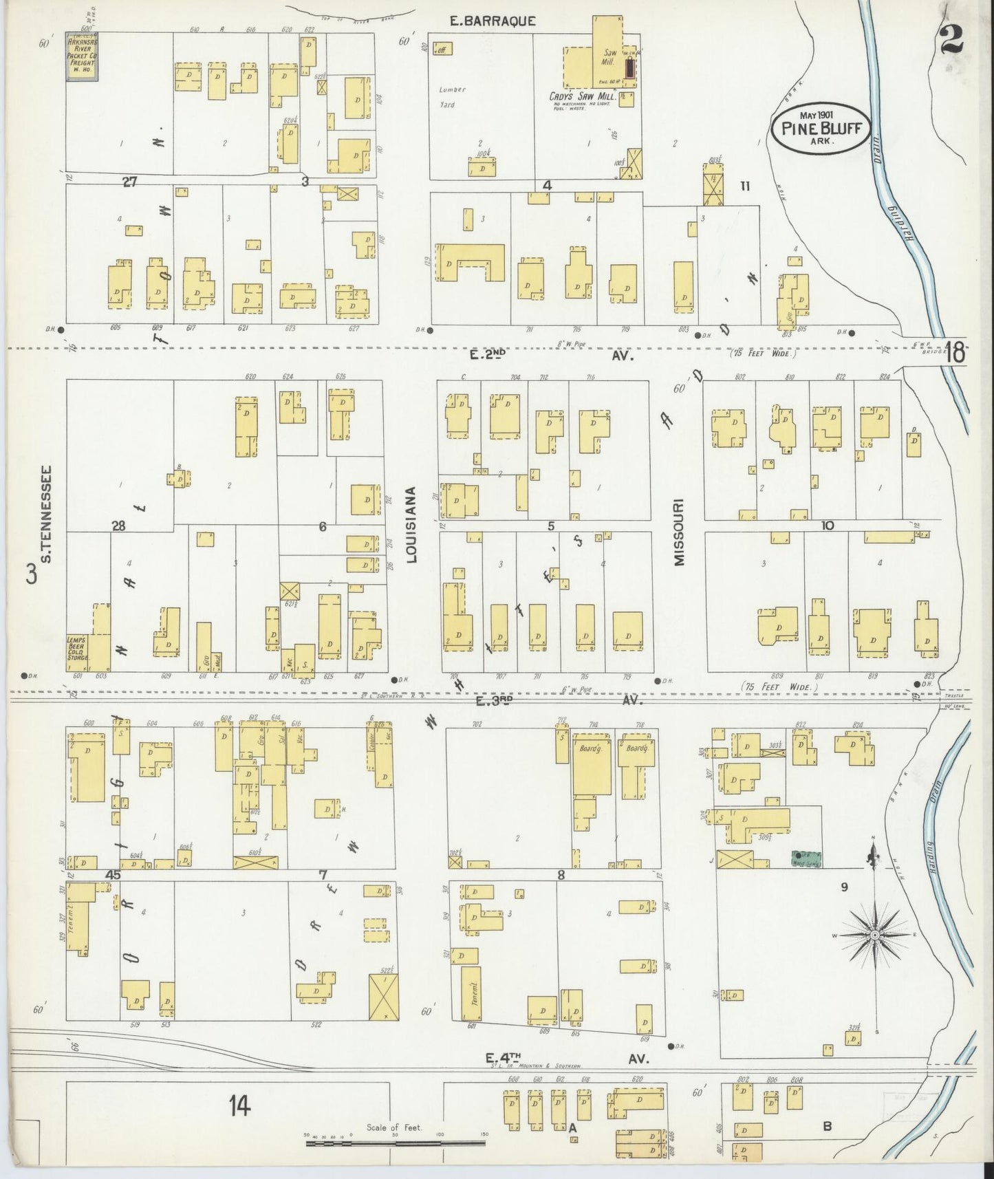 Sanborn Fire Insurance Map from Pine Bluff, Jefferson County, Arkansas (1901), Sheet #0002 - Complete Map Set gallery image, historic Sanborn map, vintage wall art, Arkansas Arkansas