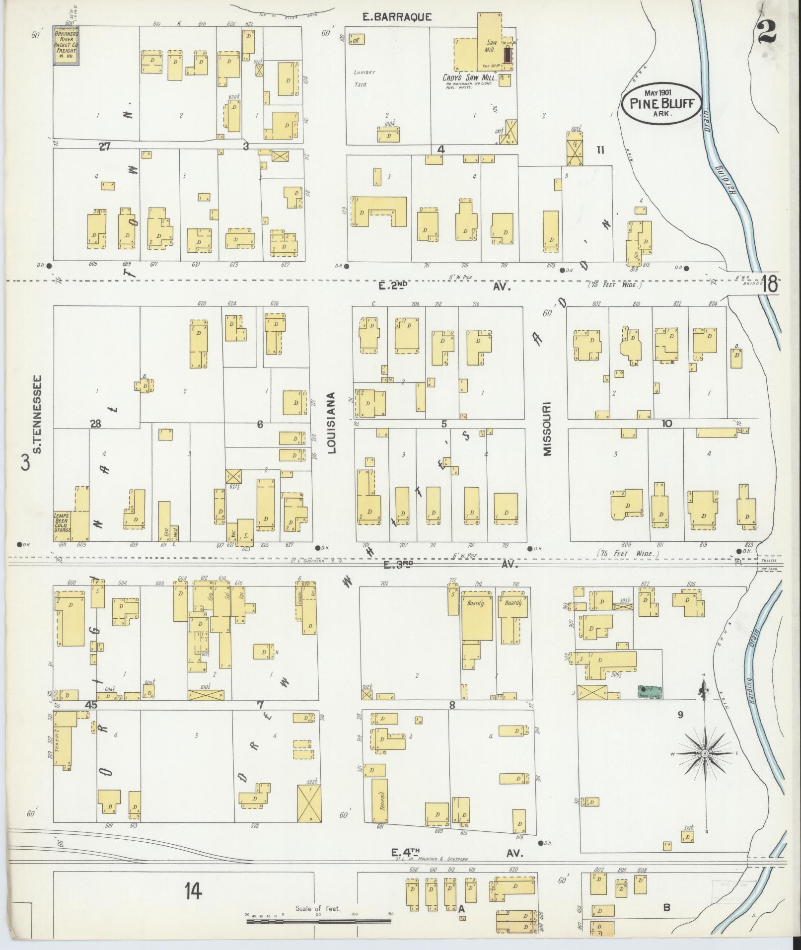 Sanborn Fire Insurance Map from Pine Bluff, Jefferson County, Arkansas (1901), Sheet #0002 - Complete Map Set gallery image, historic Sanborn map, vintage wall art, Arkansas Arkansas