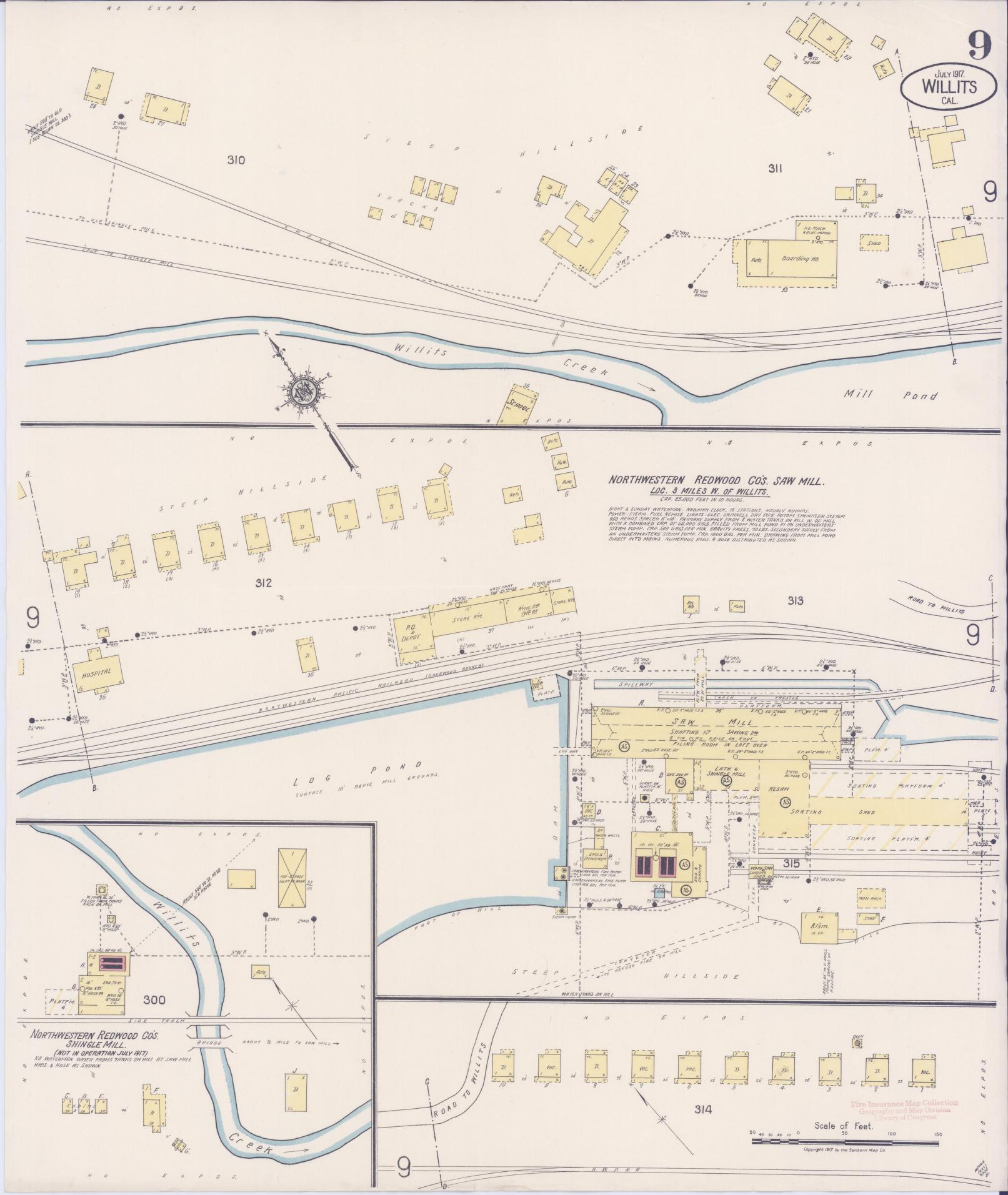 Sanborn Fire Insurance Map from Willits, Mendocino County, California (1917), Sheet #0009 - Complete Map Set gallery image, historic Sanborn map, vintage wall art, California California