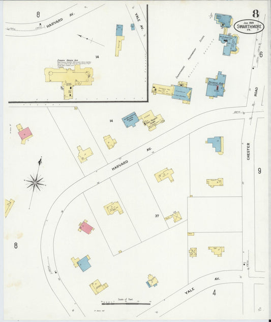 Sanborn Fire Insurance Map from Swarthmore, Delaware County, Pennsylvania (1909), Sheet #0008 - Historic Sanborn Fire Insurance Map Print, vintage old map wall art, antique decor, genealogy gift, Pennsylvania Pennsylvania map