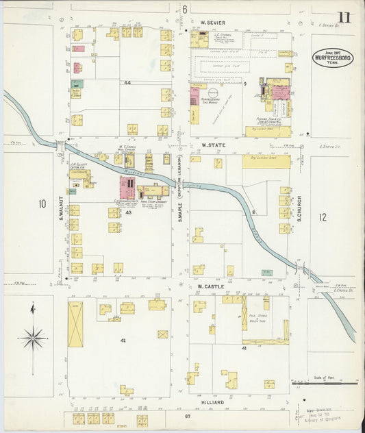 Sanborn Fire Insurance Map from Murfreesboro, Rutherford County, Tennessee (1907), Sheet #0011 - Historic Sanborn Fire Insurance Map Print, vintage old map wall art, antique decor, genealogy gift, Tennessee Tennessee map