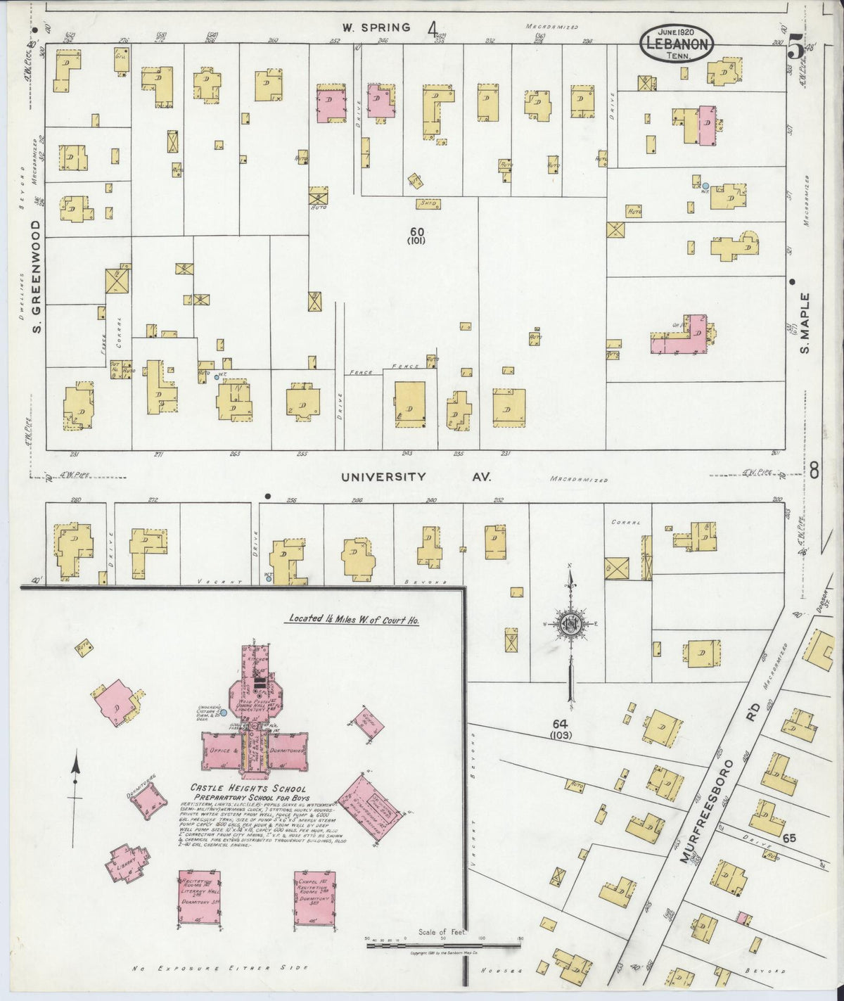 Sanborn Fire Insurance Map from Lebanon, Wilson County, Tennessee (1920), Sheet #0005 - Complete Map Set gallery image, historic Sanborn map, vintage wall art, Tennessee Tennessee