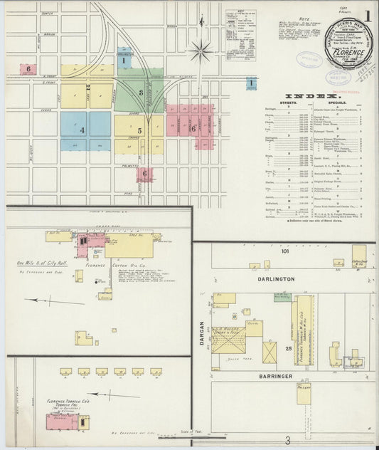 Sanborn Fire Insurance Map from Florence, Florence County, South Carolina (1898), Sheet #0001 - Historic Sanborn Fire Insurance Map Print, vintage old map wall art, antique decor, genealogy gift, South Carolina South Carolina map