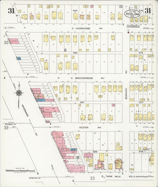 Sanborn Fire Insurance Map from Royal Oak, Oakland County, Michigan (1926), Sheet #0031 - Historic Sanborn Fire Insurance Map Print, vintage old map wall art, antique decor, genealogy gift, Michigan Michigan map