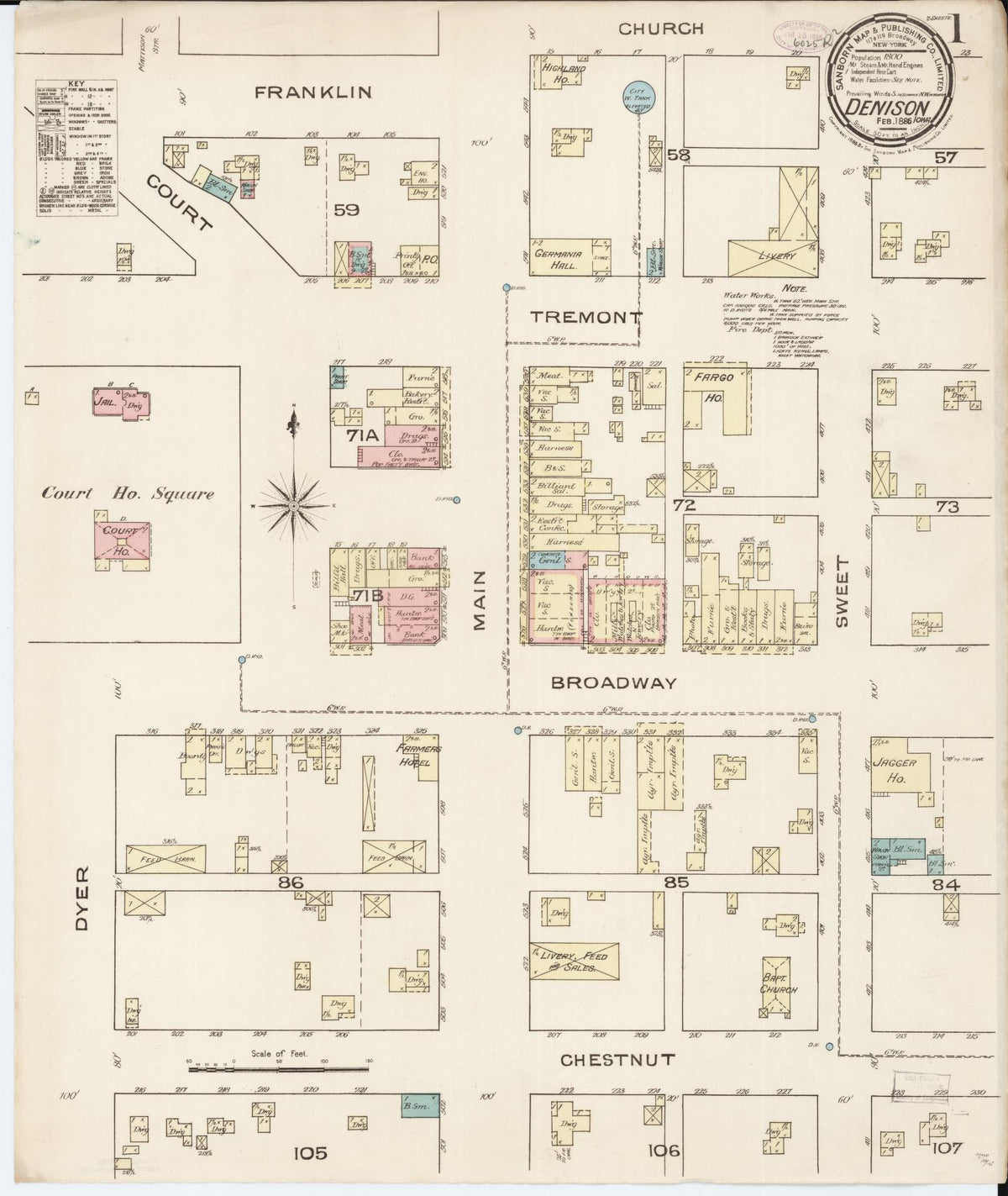 Sanborn Fire Insurance Map from Denison, Crawford County, Iowa (1886), Sheet #0001 - Historic Sanborn Fire Insurance Map Print