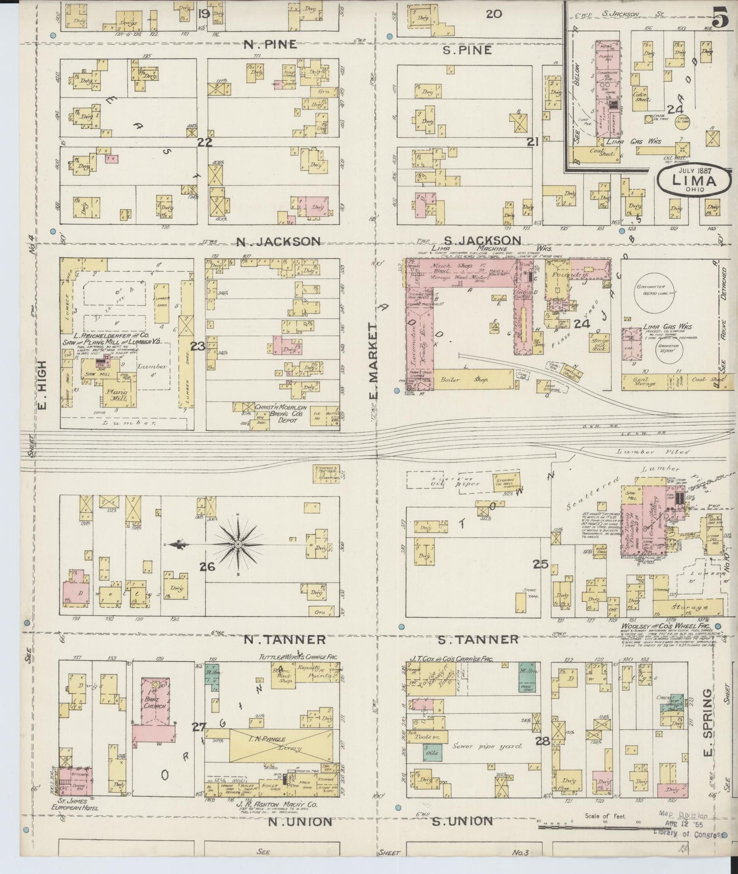 Sanborn Fire Insurance Map from Lima, Allen County, Ohio (1887), Sheet #0005 - Historic Sanborn Fire Insurance Map Print, vintage old map wall art, antique decor, genealogy gift, Ohio Ohio map