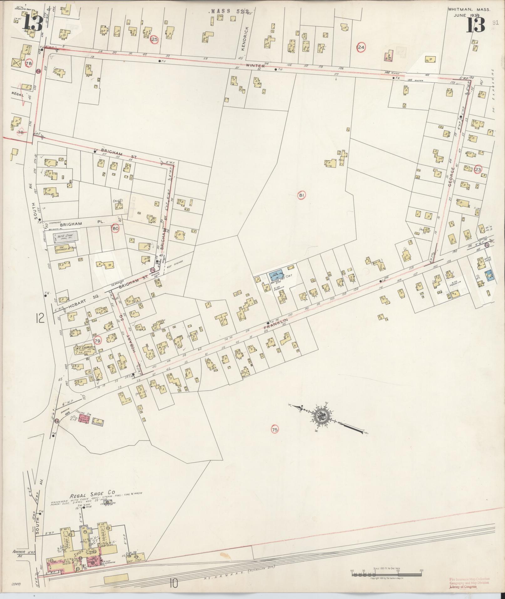 Sanborn Fire Insurance Map from Whitman, Plymouth County, Massachusetts (1950), Sheet #0013 - Complete Map Set gallery image, historic Sanborn map, vintage wall art, Massachusetts Massachusetts