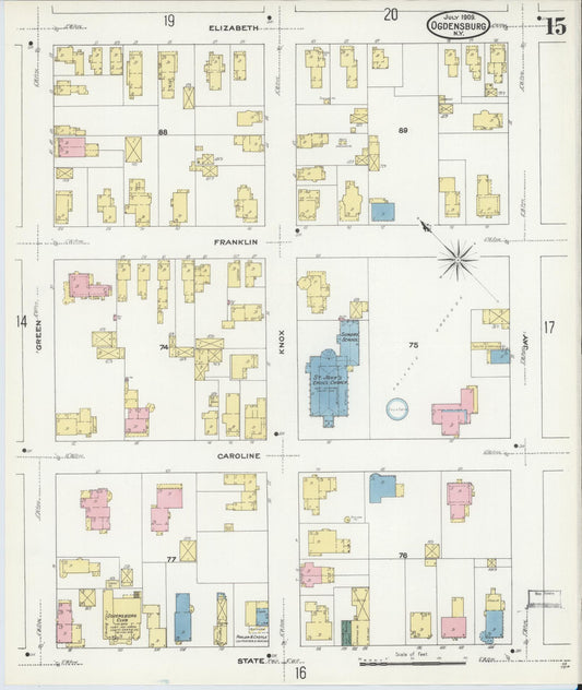 Sanborn Fire Insurance Map from Ogdensburg, St. Lawrence County, New York (1909), Sheet #0015 - Historic Sanborn Fire Insurance Map Print, vintage old map wall art, antique decor, genealogy gift, New York New York map