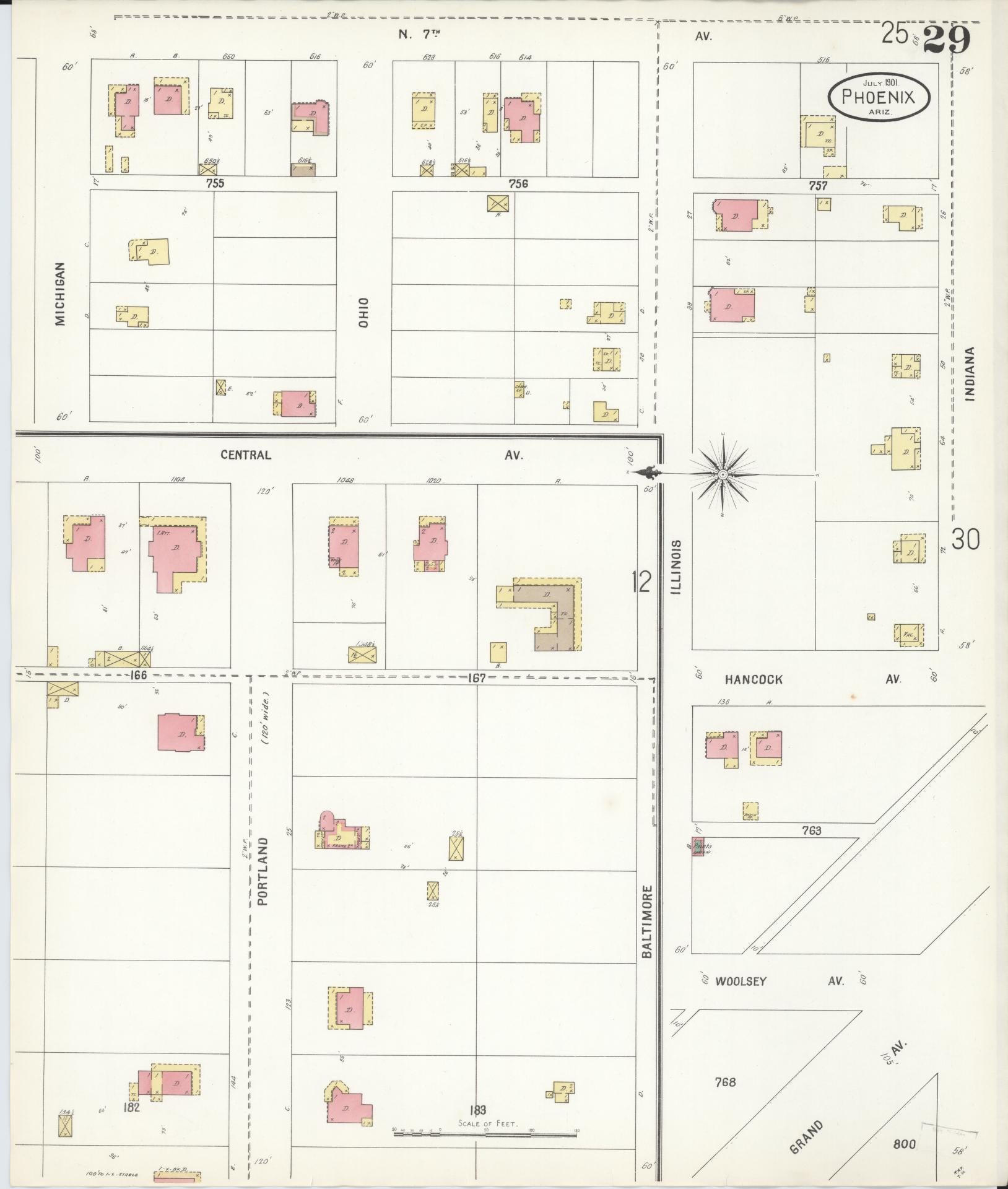 Sanborn Fire Insurance Map from Phoenix, Maricopa County, Arizona (1901), Sheet #0029 - Historic Sanborn Fire Insurance Map Print, vintage old map wall art, antique decor, genealogy gift, Arizona Arizona map