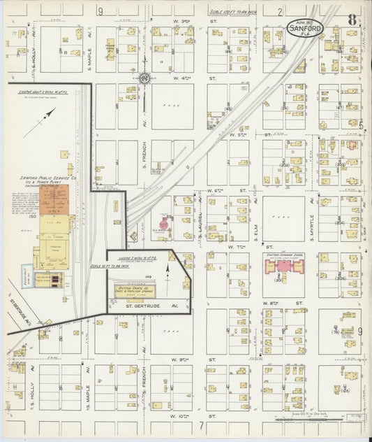 Sanborn Fire Insurance Map from Sanford, Seminole County, Florida (1917), Sheet #0008 - Historic Sanborn Fire Insurance Map Print, vintage old map wall art, antique decor, genealogy gift, Florida Florida map