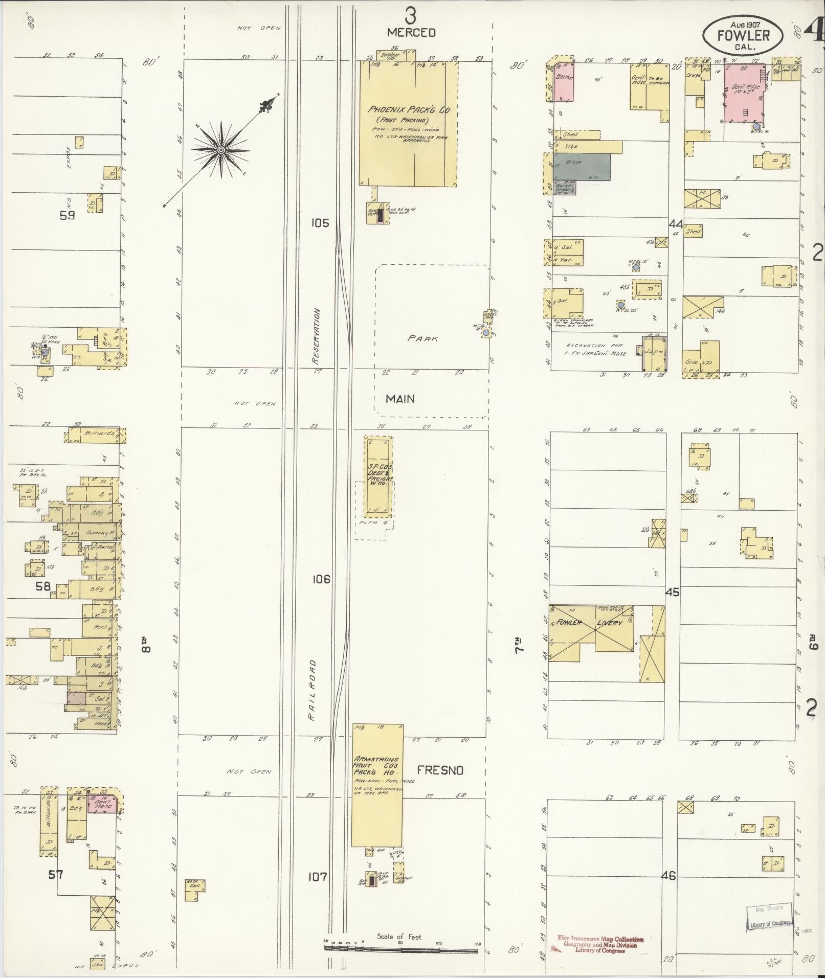 Sanborn Fire Insurance Map from Fowler, Fresno County, California (1907), Sheet #0004 - Historic Sanborn Fire Insurance Map Print, vintage old map wall art, antique decor, genealogy gift, California California map