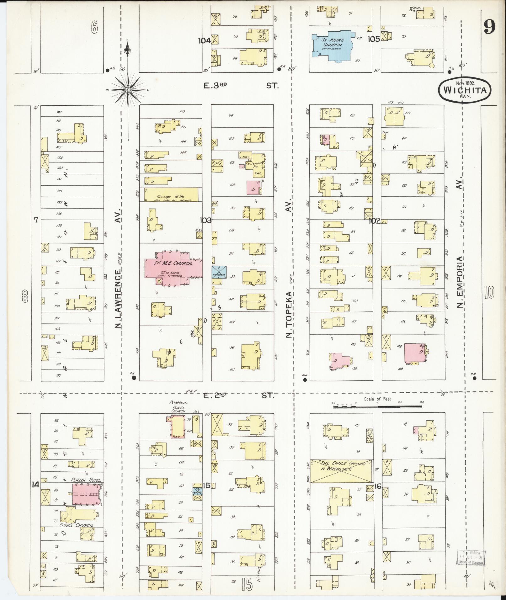Sanborn Fire Insurance Map from Wichita, Sedgwick County, Kansas (1892), Sheet #0009 - Complete Map Set gallery image, historic Sanborn map, vintage wall art, Kansas Kansas