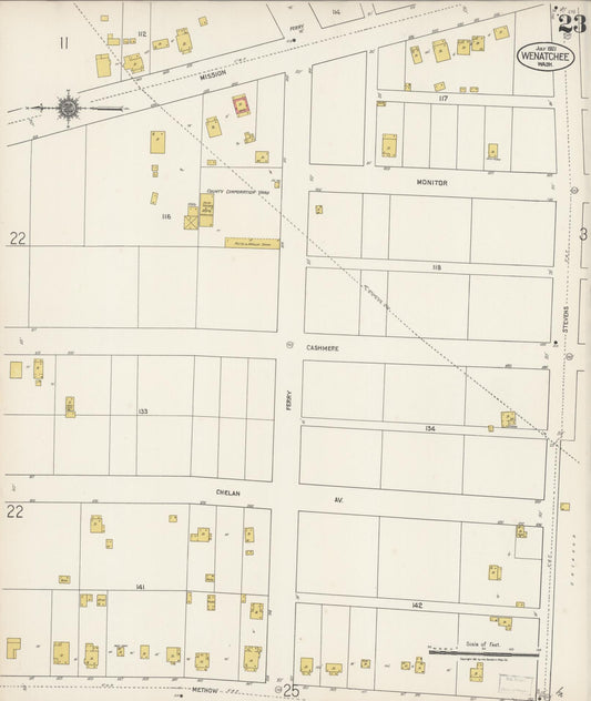Sanborn Fire Insurance Map from Wenatchee, Chelan County, Washington (1921), Sheet #0023 - Historic Sanborn Fire Insurance Map Print, vintage old map wall art, antique decor, genealogy gift, Washington Washington map