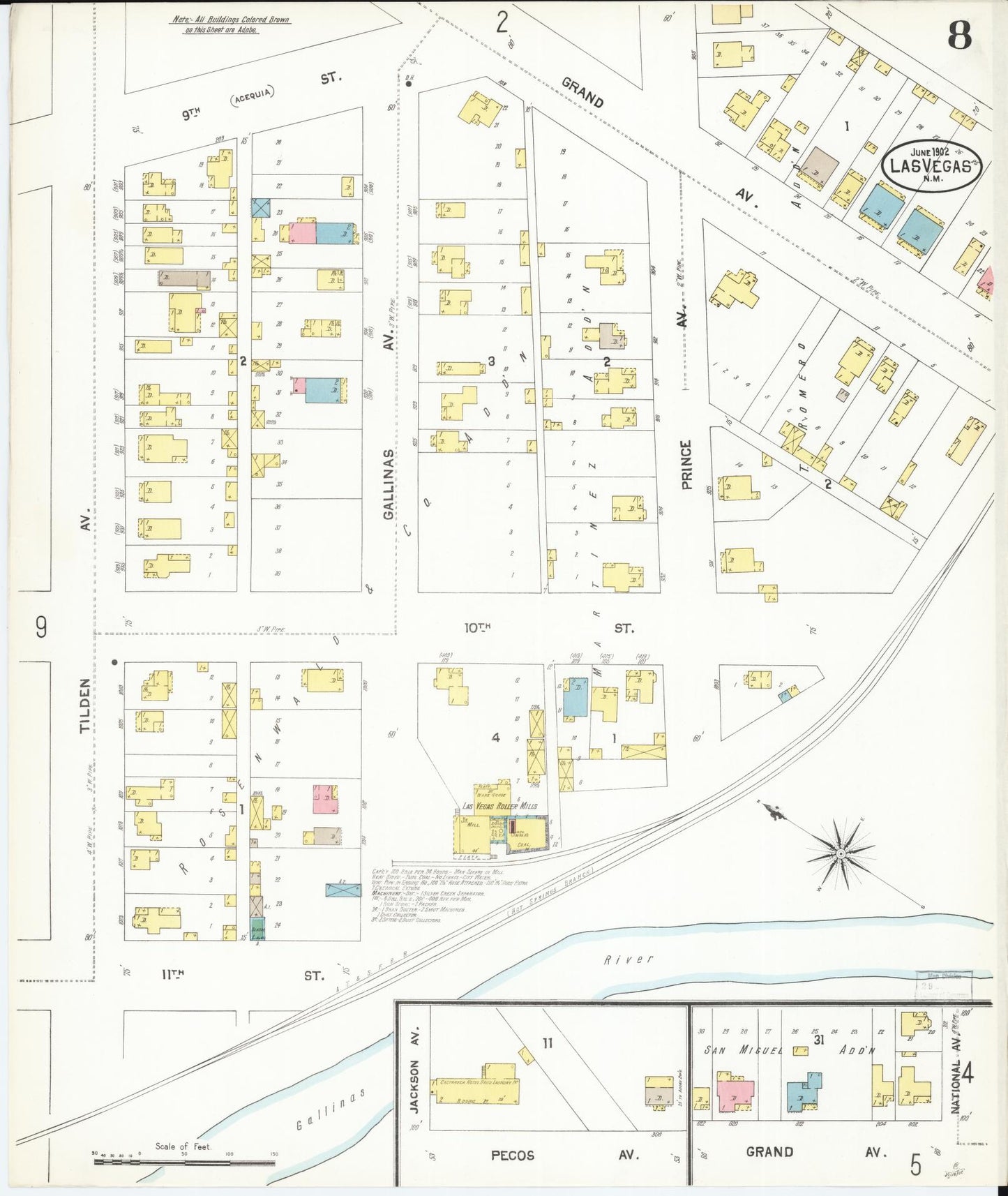 Sanborn Fire Insurance Map from Las Vegas, San Miguel County, New Mexico (1902), Sheet #0008 - Complete Map Set gallery image, historic Sanborn map, vintage wall art, New Mexico New Mexico