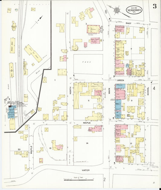 Sanborn Fire Insurance Map from Vergennes, Addison County, Vermont (1910), Sheet #0003 - Historic Sanborn Fire Insurance Map Print, vintage old map wall art, antique decor, genealogy gift, Vermont Vermont map
