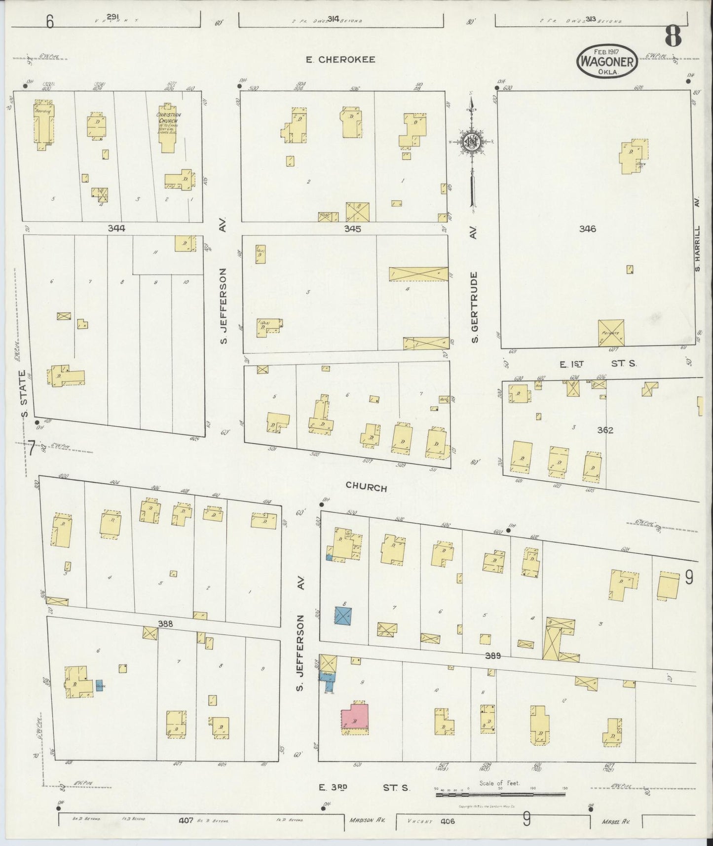 Sanborn Fire Insurance Map from Wagoner, Wagoner County, Oklahoma (1917), Sheet #0008 - Complete Map Set gallery image, historic Sanborn map, vintage wall art, Oklahoma Oklahoma