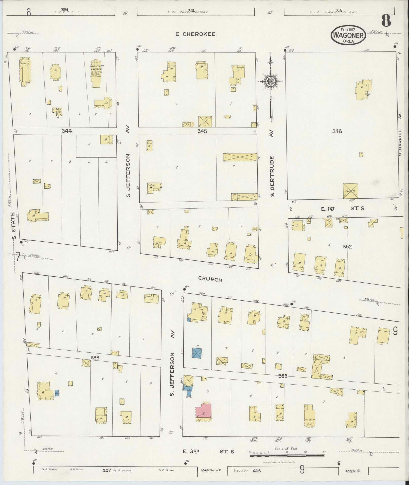 Sanborn Fire Insurance Map from Wagoner, Wagoner County, Oklahoma (1917), Sheet #0008 - Complete Map Set gallery image, historic Sanborn map, vintage wall art, Oklahoma Oklahoma