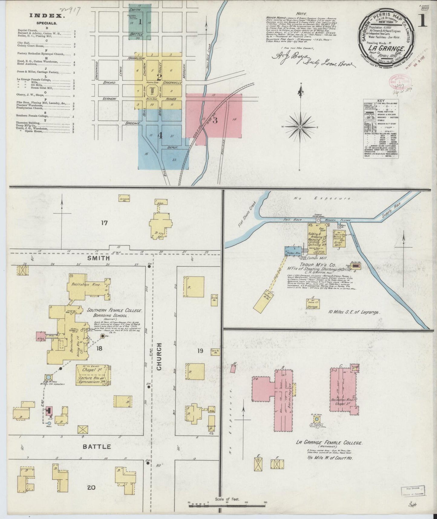 Sanborn Fire Insurance Map from La Grange, Troup County, Georgia (1895), Sheet #0001 - Historic Sanborn Fire Insurance Map Print, vintage old map wall art, antique decor, genealogy gift, Georgia Georgia map