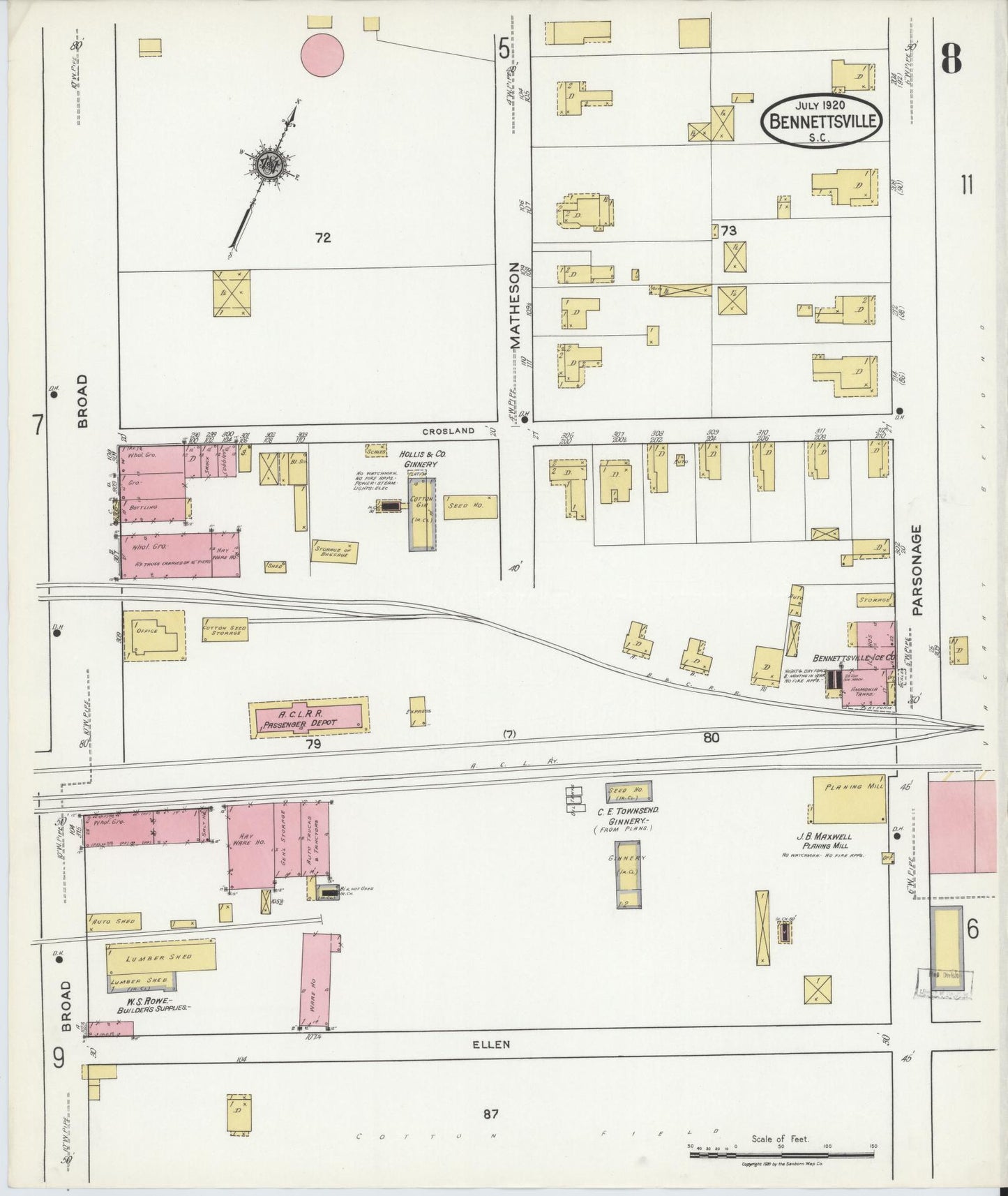 Sanborn Fire Insurance Map from Bennettsville, Marlboro County, South Carolina (1920), Sheet #0008 - Historic Sanborn Fire Insurance Map Print, vintage old map wall art, antique decor, genealogy gift, South Carolina South Carolina map