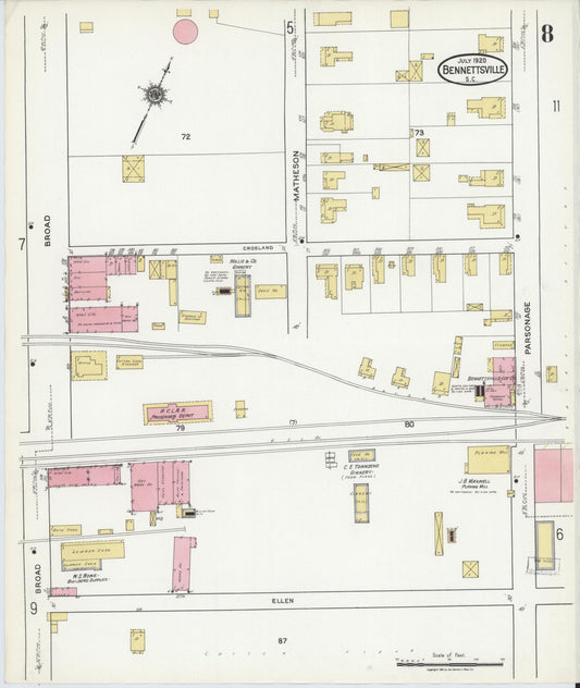 Sanborn Fire Insurance Map from Bennettsville, Marlboro County, South Carolina (1920), Sheet #0008 - Historic Sanborn Fire Insurance Map Print, vintage old map wall art, antique decor, genealogy gift, South Carolina South Carolina map