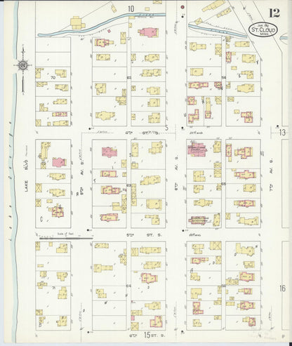 Sanborn Fire Insurance Map from Saint Cloud, Stearns, Benton, and Sherburne Counties, Minnesota (1913), Sheet #0012 - Complete Map Set gallery image, historic Sanborn map, vintage wall art, Minnesota Minnesota