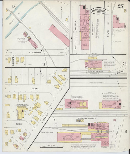 Sanborn Fire Insurance Map from Battle Creek, Calhoun County, Michigan (1907), Sheet #0027 - Historic Sanborn Fire Insurance Map Print, vintage old map wall art, antique decor, genealogy gift, Michigan Michigan map