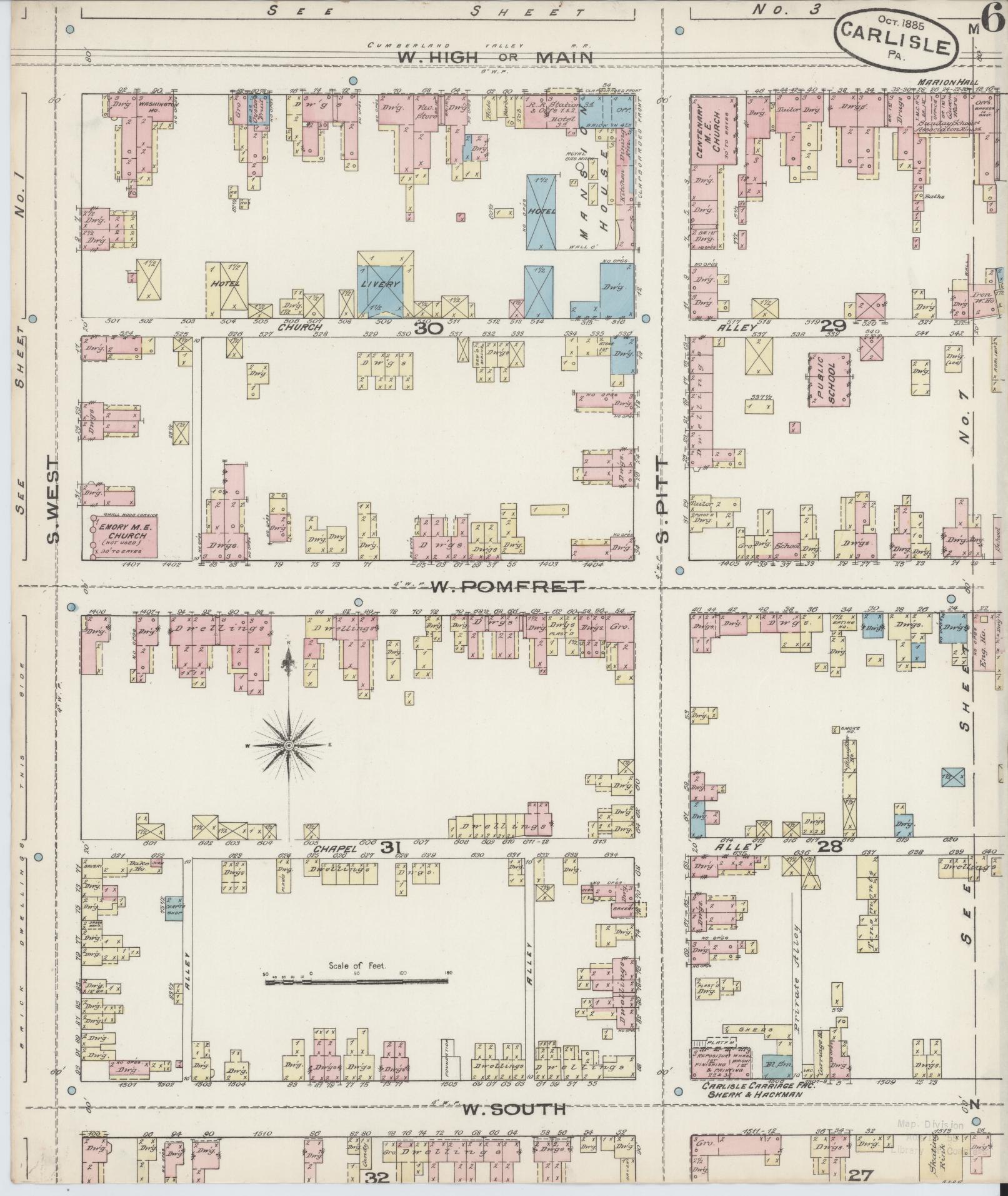 Sanborn Fire Insurance Map from Carlisle, Cumberland County, Pennsylvania (1885), Sheet #0006 - Historic Sanborn Fire Insurance Map Print, vintage old map wall art, antique decor, genealogy gift, Pennsylvania Pennsylvania map