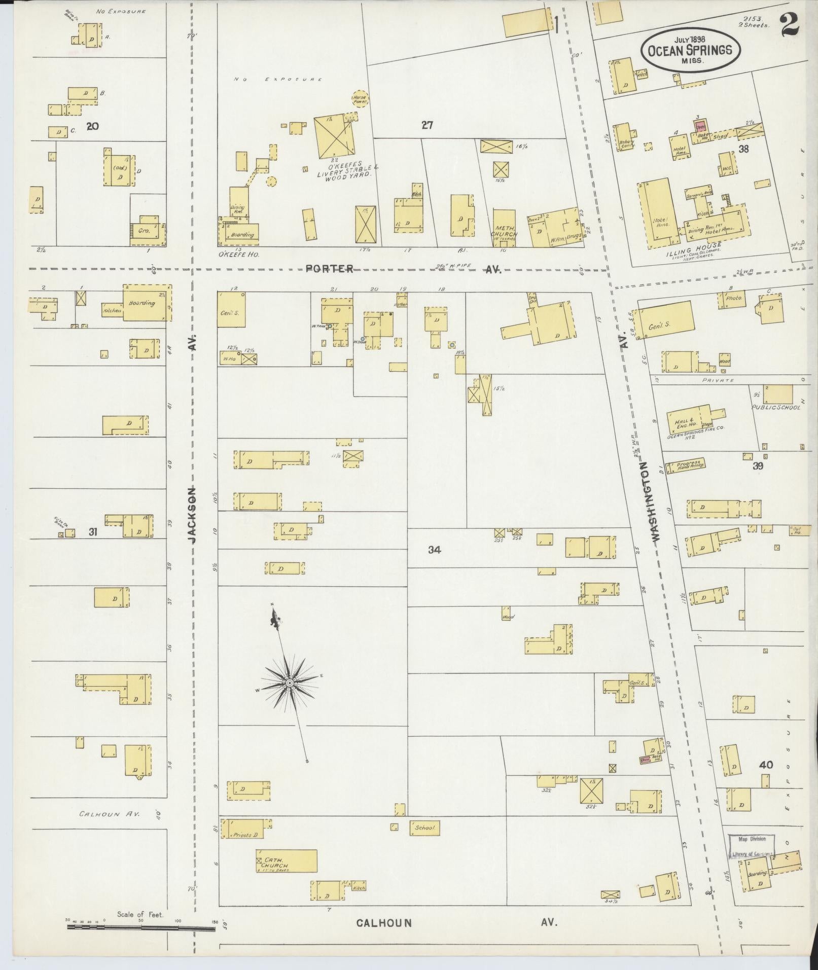 Sanborn Fire Insurance Map from Ocean Springs, Jackson County, Mississippi (1898), Sheet #0002 - Complete Map Set gallery image, historic Sanborn map, vintage wall art, Mississippi Mississippi