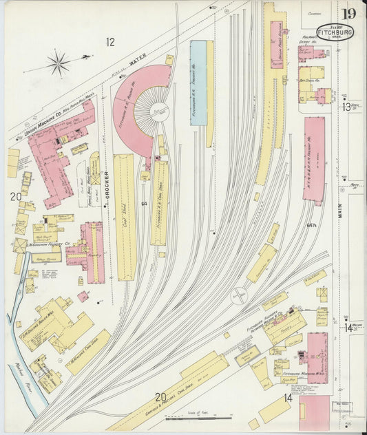 Sanborn Fire Insurance Map from Fitchburg, Worcester County, Massachusetts (1897), Sheet #0019 - Historic Sanborn Fire Insurance Map Print, vintage old map wall art, antique decor, genealogy gift, Massachusetts Massachusetts map