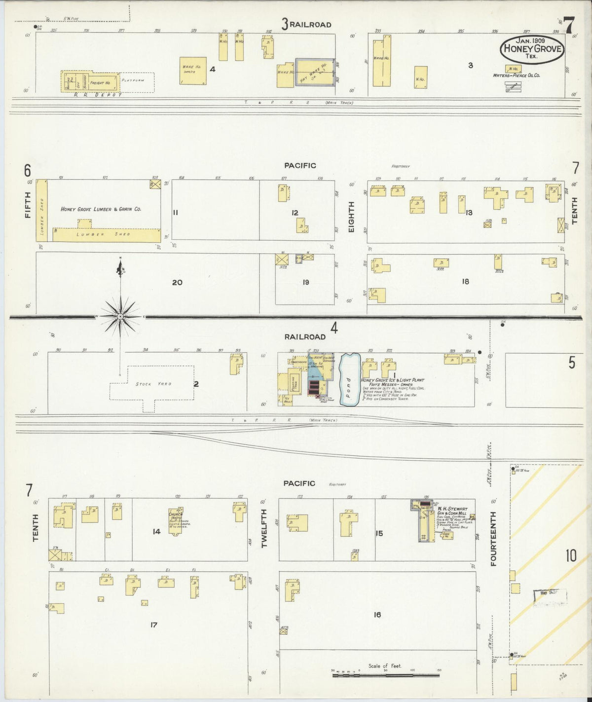Sanborn Fire Insurance Map from Honey Grove, Fannin County, Texas (1909), Sheet #0007 - Historic Sanborn Fire Insurance Map Print, vintage old map wall art, antique decor, genealogy gift, Texas Texas map