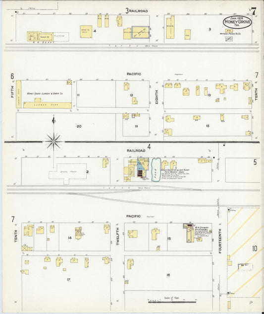 Sanborn Fire Insurance Map from Honey Grove, Fannin County, Texas (1909), Sheet #0007 - Historic Sanborn Fire Insurance Map Print, vintage old map wall art, antique decor, genealogy gift, Texas Texas map