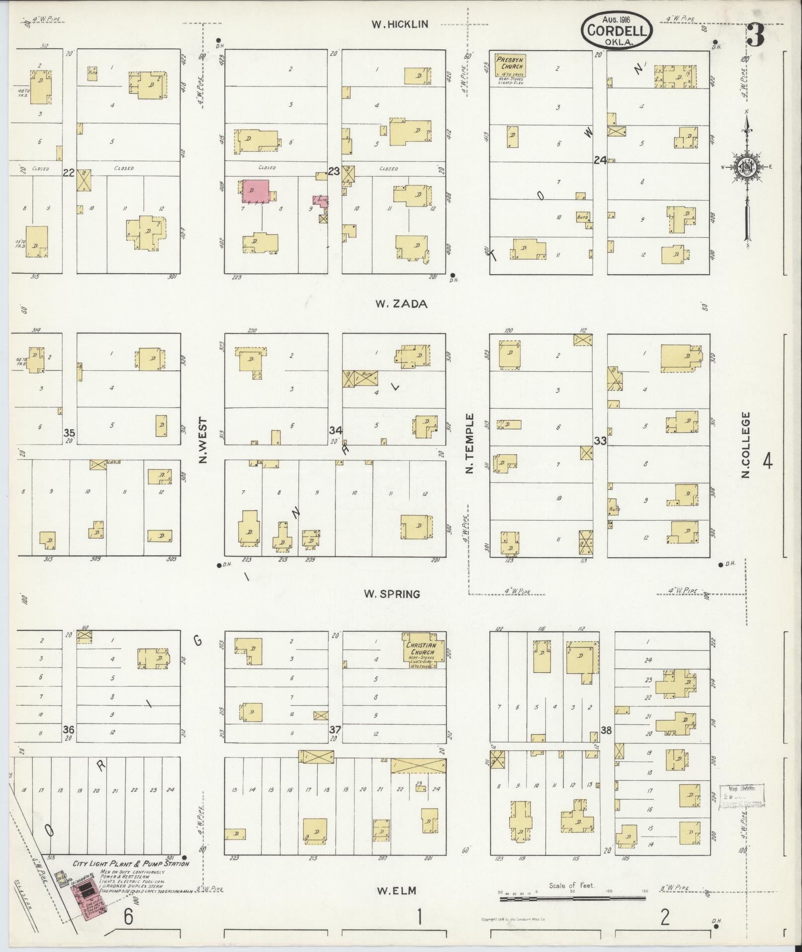 Sanborn Fire Insurance Map from Cordell, Washita County, Oklahoma (1916), Sheet #0003 - Historic Sanborn Fire Insurance Map Print, vintage old map wall art, antique decor, genealogy gift, Oklahoma Oklahoma map
