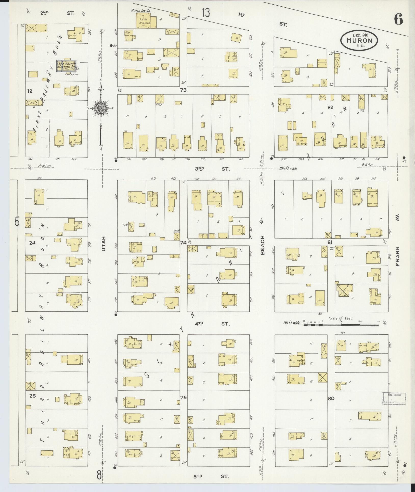 Sanborn Fire Insurance Map from Huron, Beadle County, South Dakota (1910), Sheet #0006 - Historic Sanborn Fire Insurance Map Print, vintage old map wall art, antique decor, genealogy gift, South Dakota South Dakota map