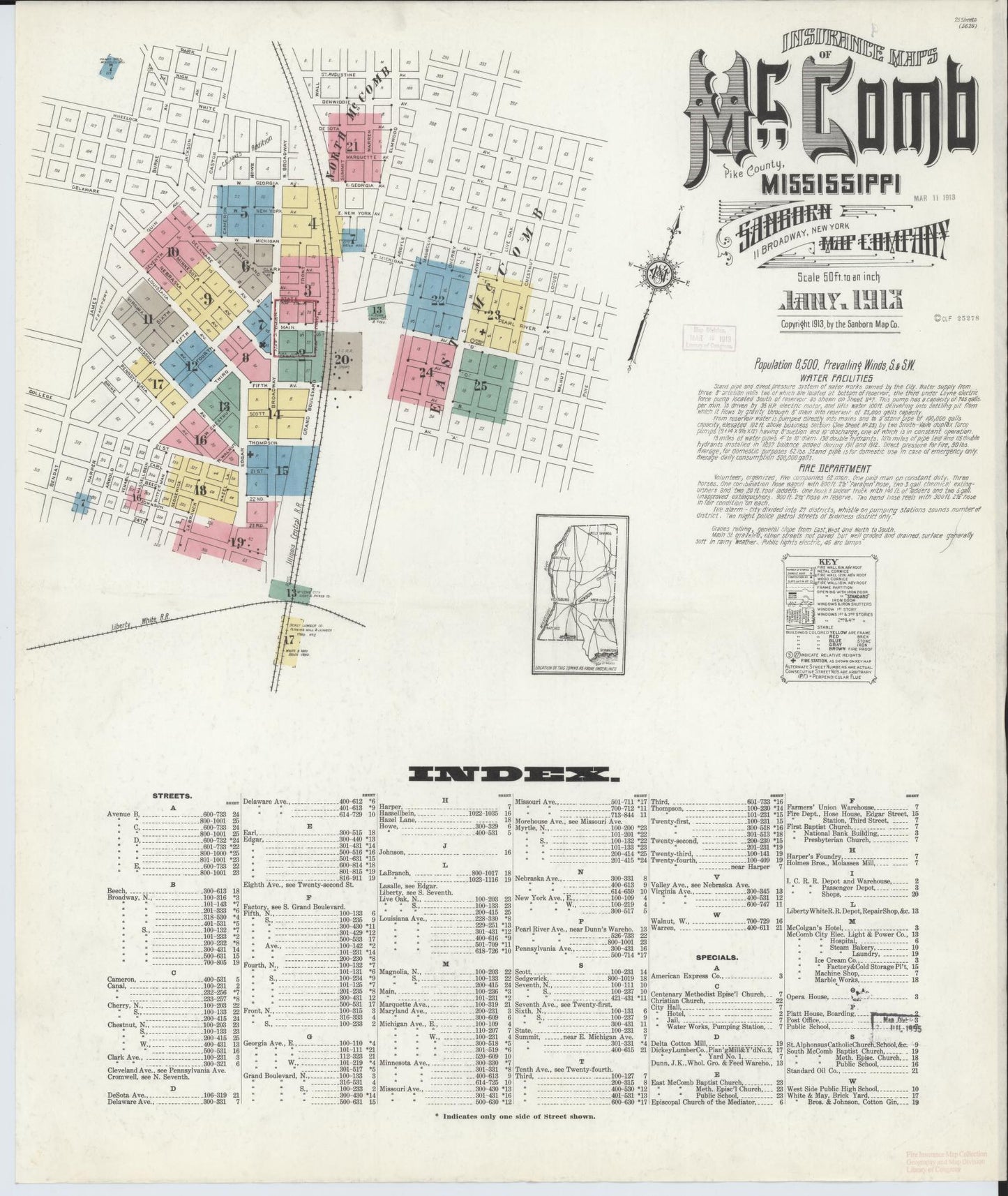 Sanborn Fire Insurance Map from McComb, Pike County, Mississippi (1913), Sheet #0001 - Historic Sanborn Fire Insurance Map Print, vintage old map wall art, antique decor, genealogy gift, Mississippi Mississippi map