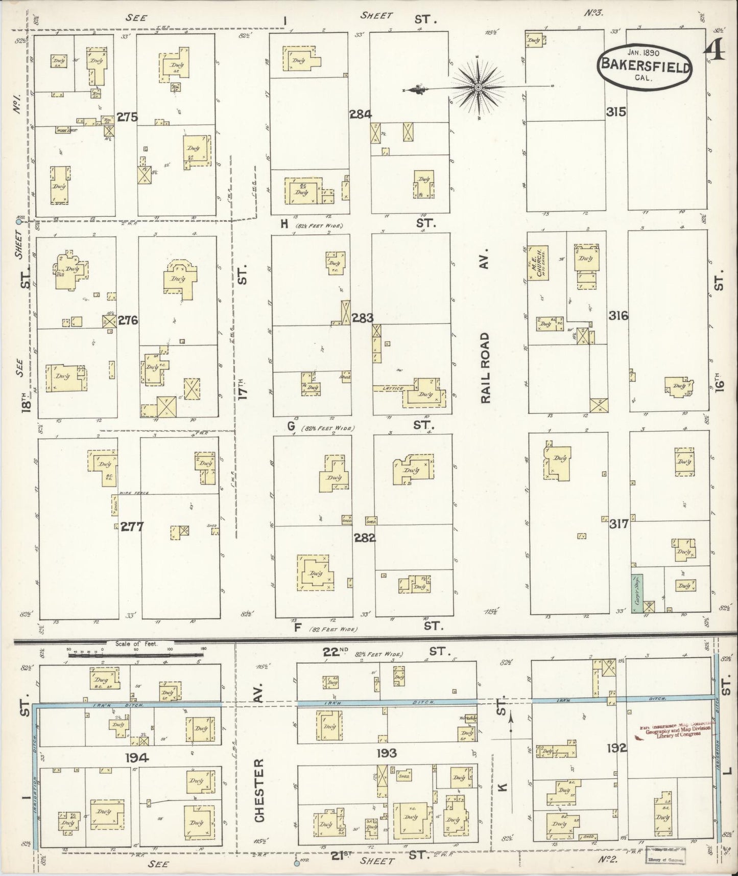Sanborn Fire Insurance Map from Bakersfield, Kern County, California (1890), Sheet #0004 - Historic Sanborn Fire Insurance Map Print, vintage old map wall art, antique decor, genealogy gift, California California map