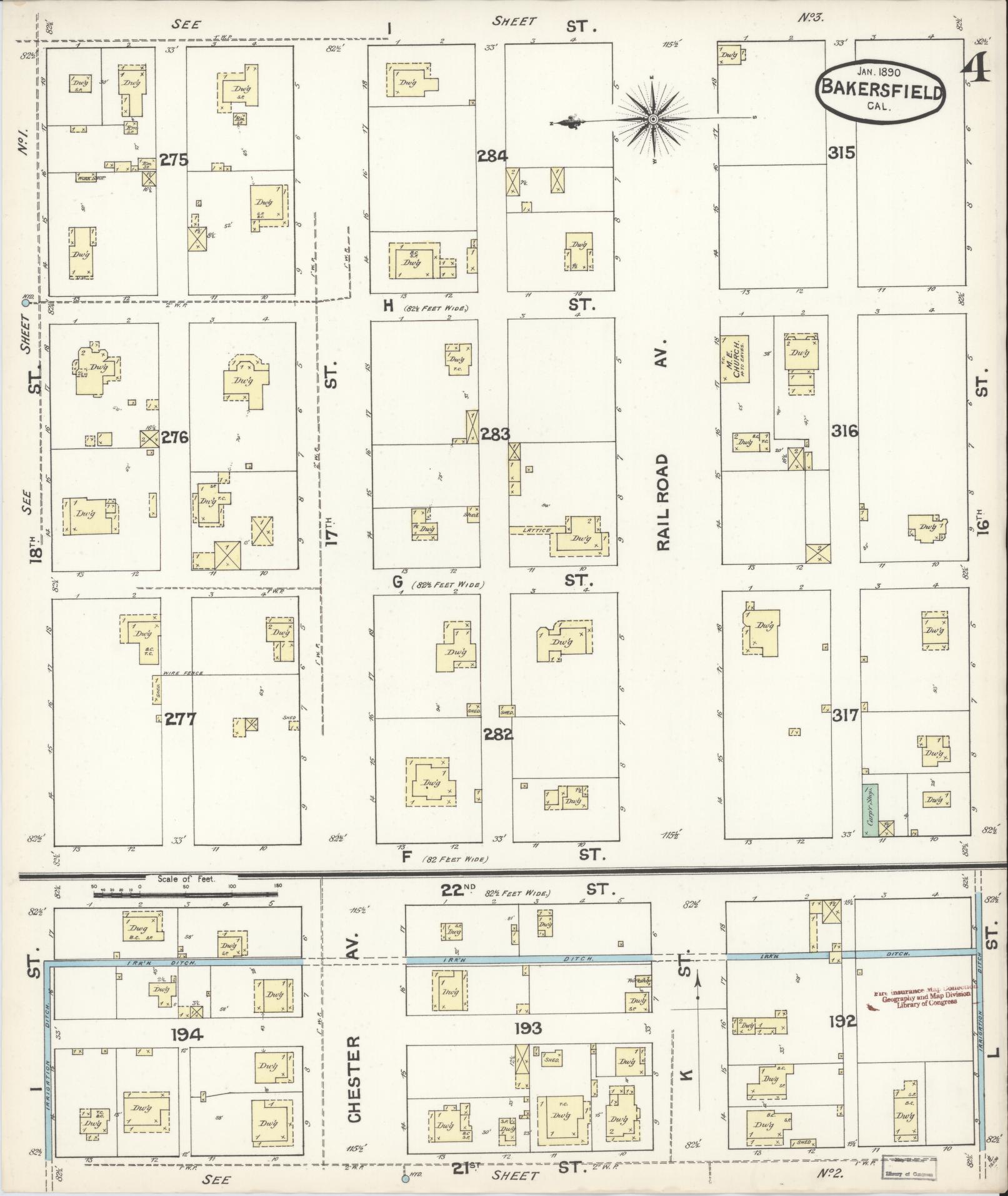 Sanborn Fire Insurance Map from Bakersfield, Kern County, California (1890), Sheet #0004 - Historic Sanborn Fire Insurance Map Print, vintage old map wall art, antique decor, genealogy gift, California California map