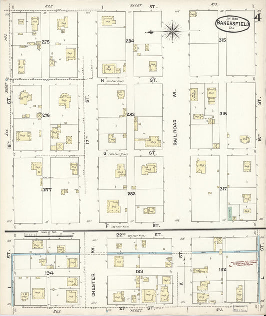 Sanborn Fire Insurance Map from Bakersfield, Kern County, California (1890), Sheet #0004 - Historic Sanborn Fire Insurance Map Print, vintage old map wall art, antique decor, genealogy gift, California California map