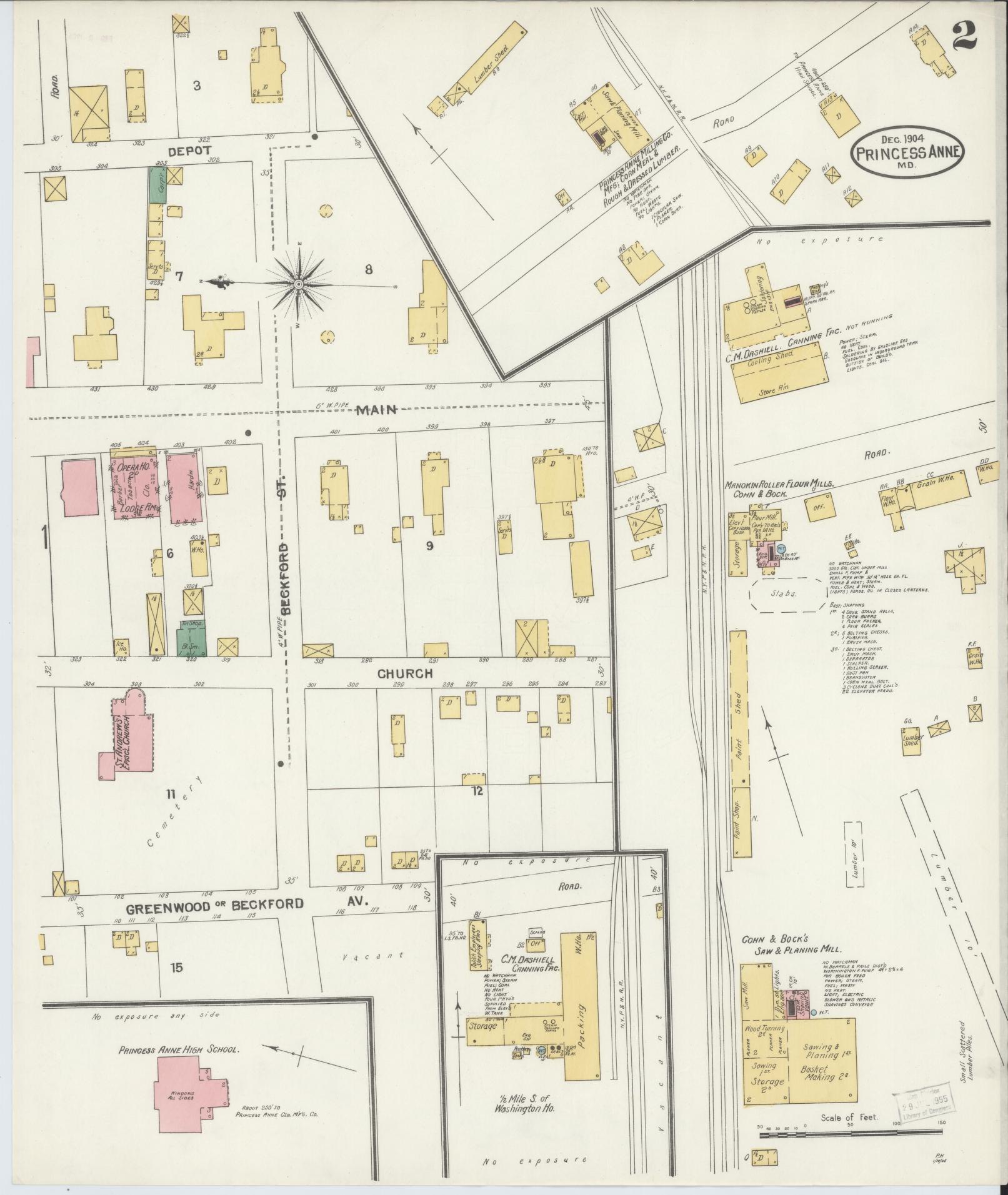 Sanborn Fire Insurance Map from Princess Anne, Somerset County, Maryland (1904), Sheet #0002 - Historic Sanborn Fire Insurance Map Print, vintage old map wall art