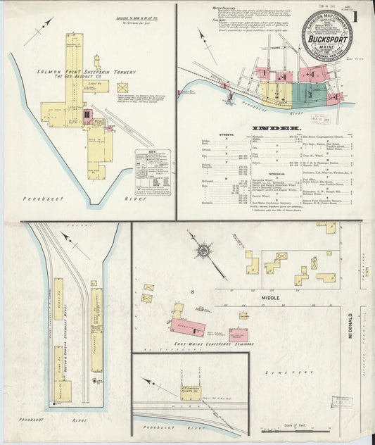 Sanborn Fire Insurance Map from Bucksport, Hancock County, Maine (1911), Sheet #0001 - Historic Sanborn Fire Insurance Map Print, vintage old map wall art, antique decor, genealogy gift, Maine Maine map