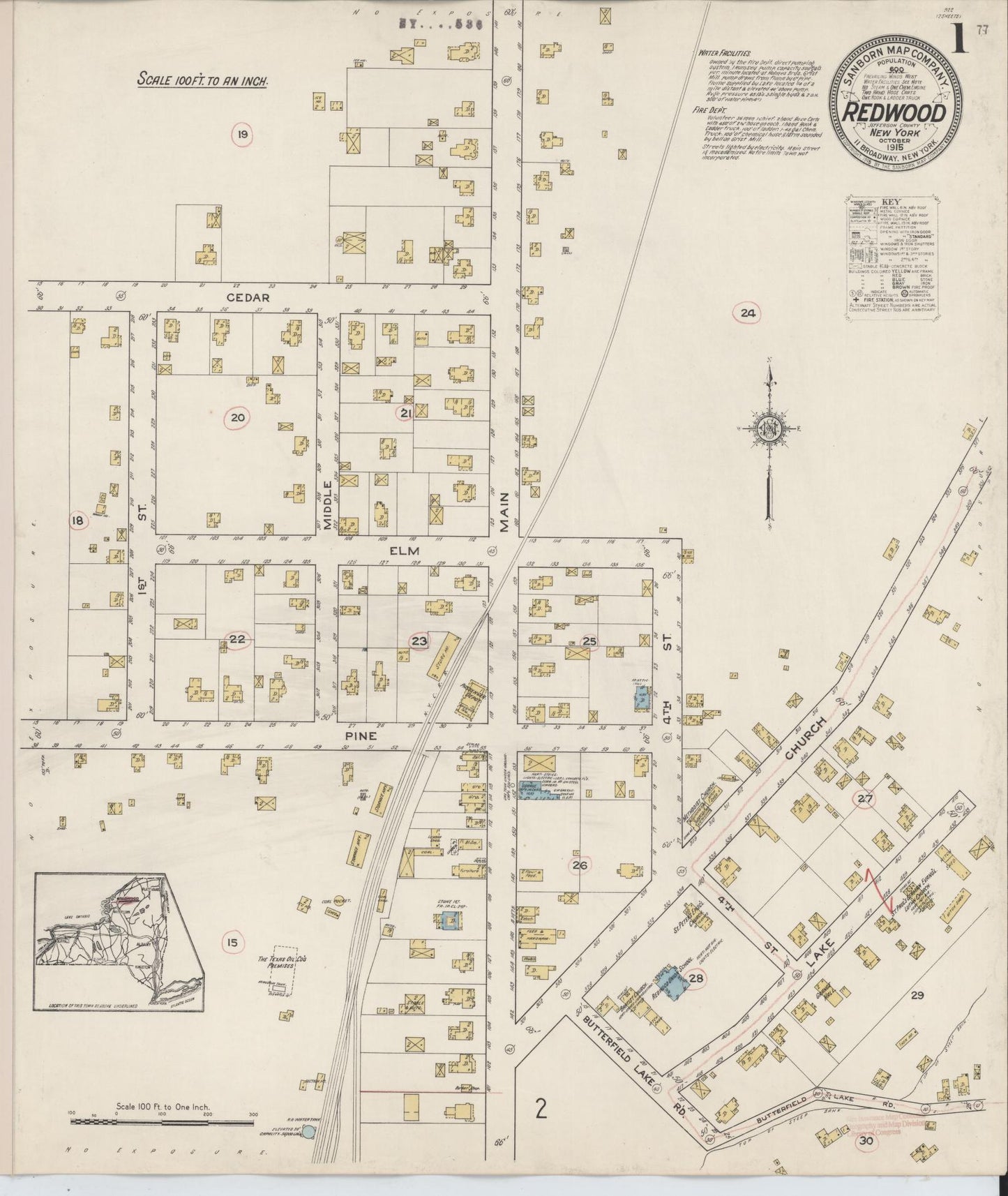 Sanborn Fire Insurance Map from Redwood, Jefferson County, New York (1915), Sheet #0001 - Complete Map Set gallery image, historic Sanborn map, vintage wall art, New York New York