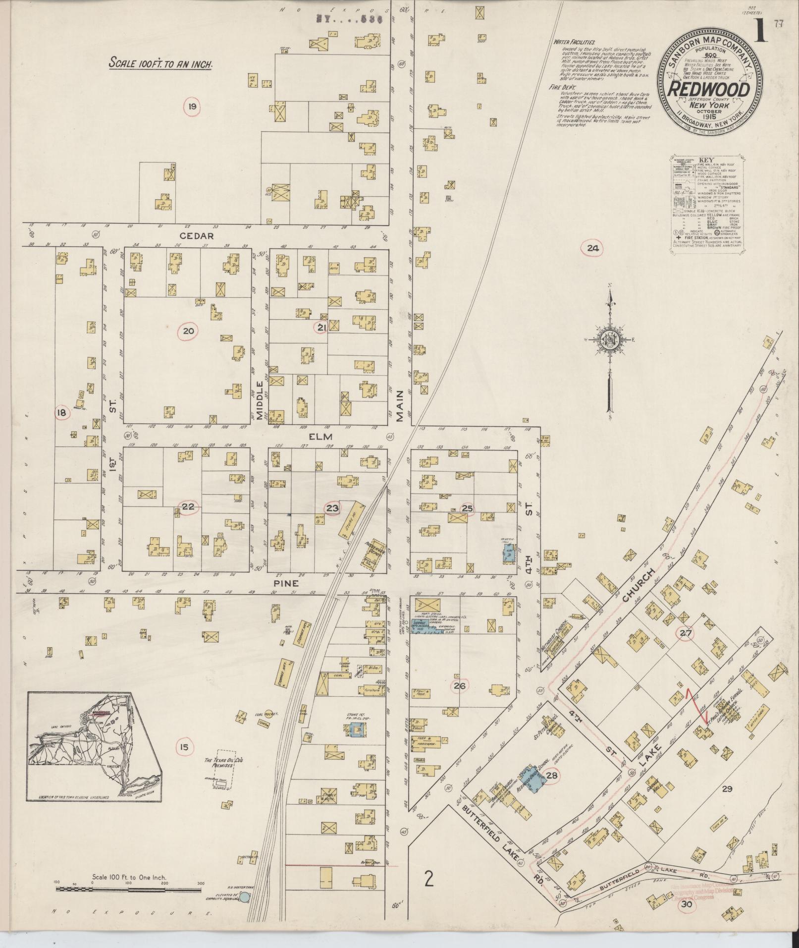 Sanborn Fire Insurance Map from Redwood, Jefferson County, New York (1915), Sheet #0001 - Complete Map Set gallery image, historic Sanborn map, vintage wall art, New York New York