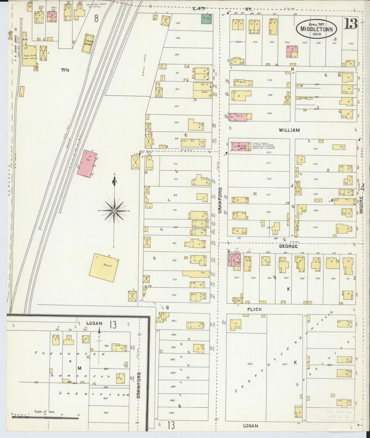 Sanborn Fire Insurance Map from Middletown, Butler County, Ohio (1907), Sheet #0013 - Complete Map Set gallery image, historic Sanborn map, vintage wall art, Ohio Ohio