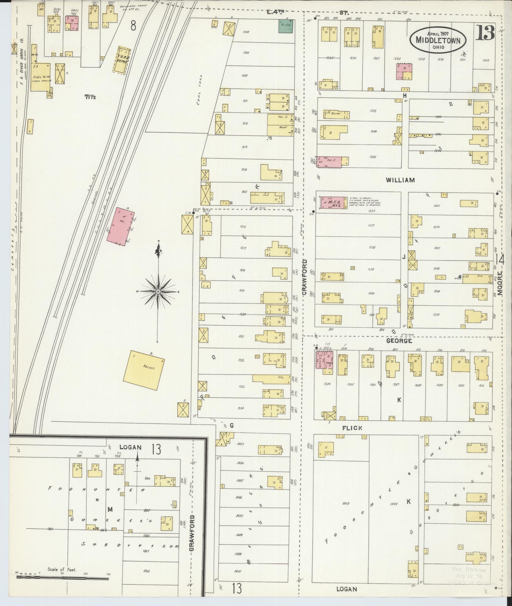 Sanborn Fire Insurance Map from Middletown, Butler County, Ohio (1907), Sheet #0013 - Complete Map Set gallery image, historic Sanborn map, vintage wall art, Ohio Ohio
