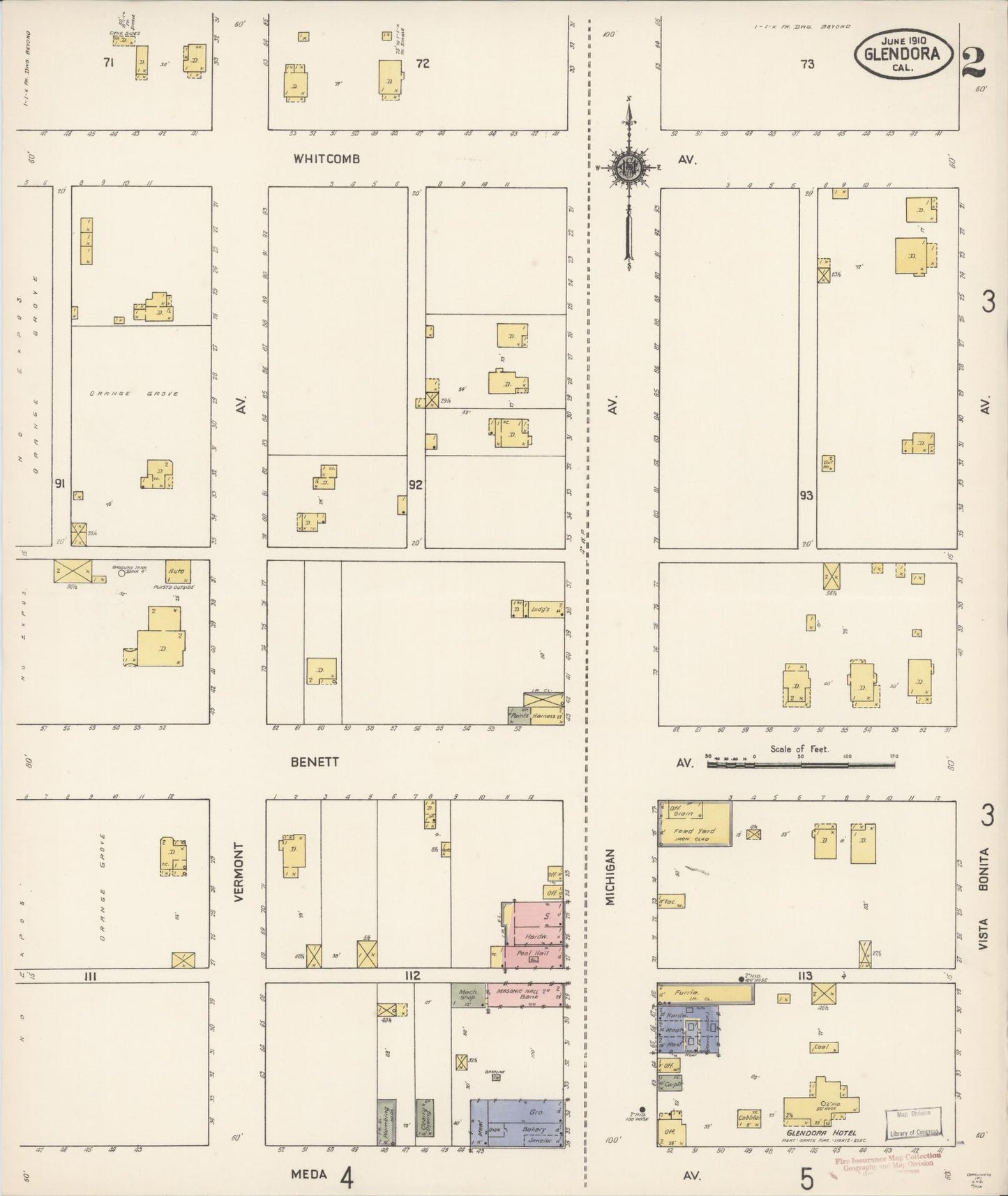 Sanborn Fire Insurance Map from Glendora, Los Angeles County, California (1910), Sheet #0002 - Historic Sanborn Fire Insurance Map Print, vintage old map wall art, antique decor, genealogy gift, California California map