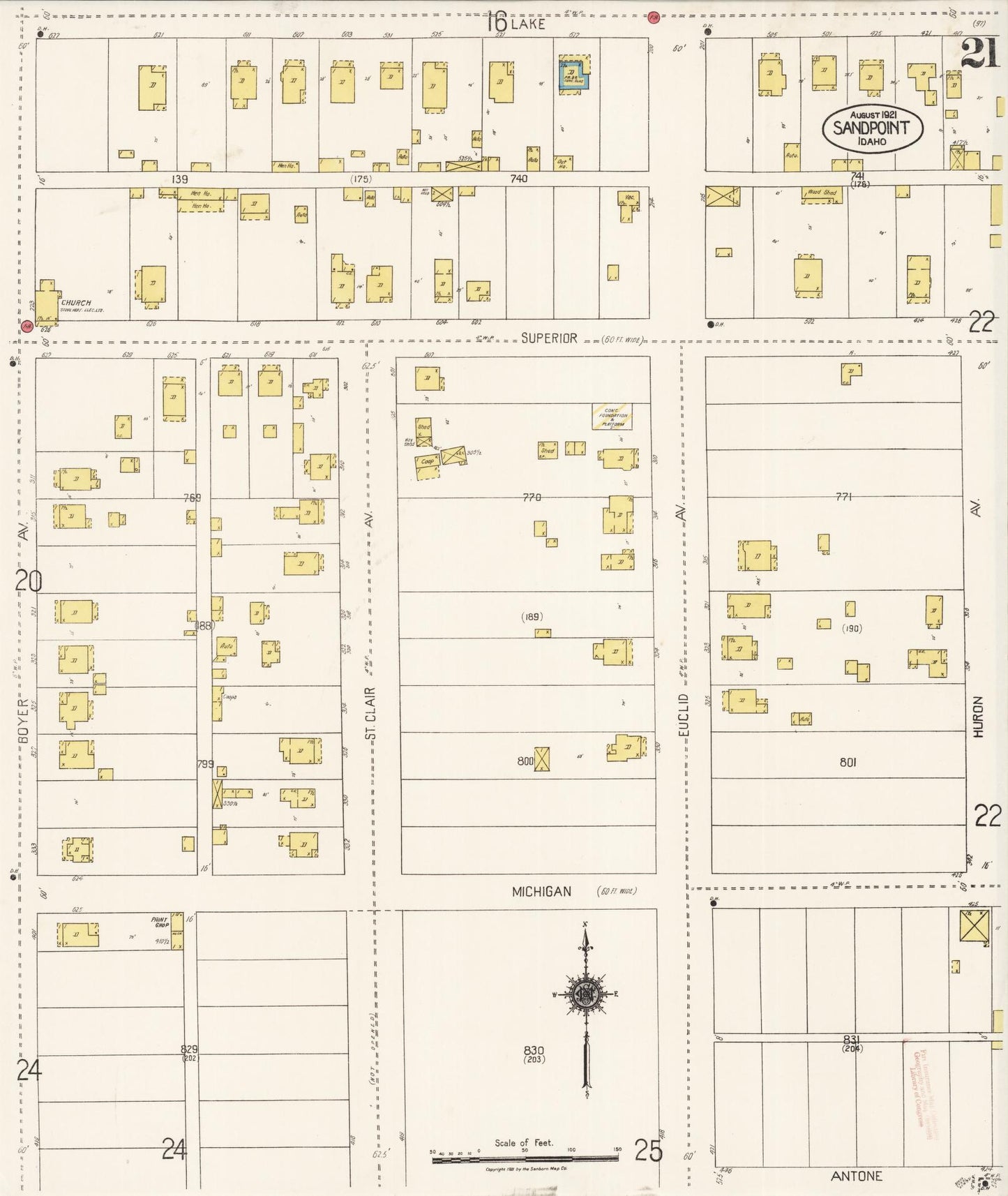 Sanborn Fire Insurance Map from Sandpoint, Bonner County, Idaho (1921), Sheet #0021 - Complete Map Set gallery image, historic Sanborn map, vintage wall art, Idaho Idaho