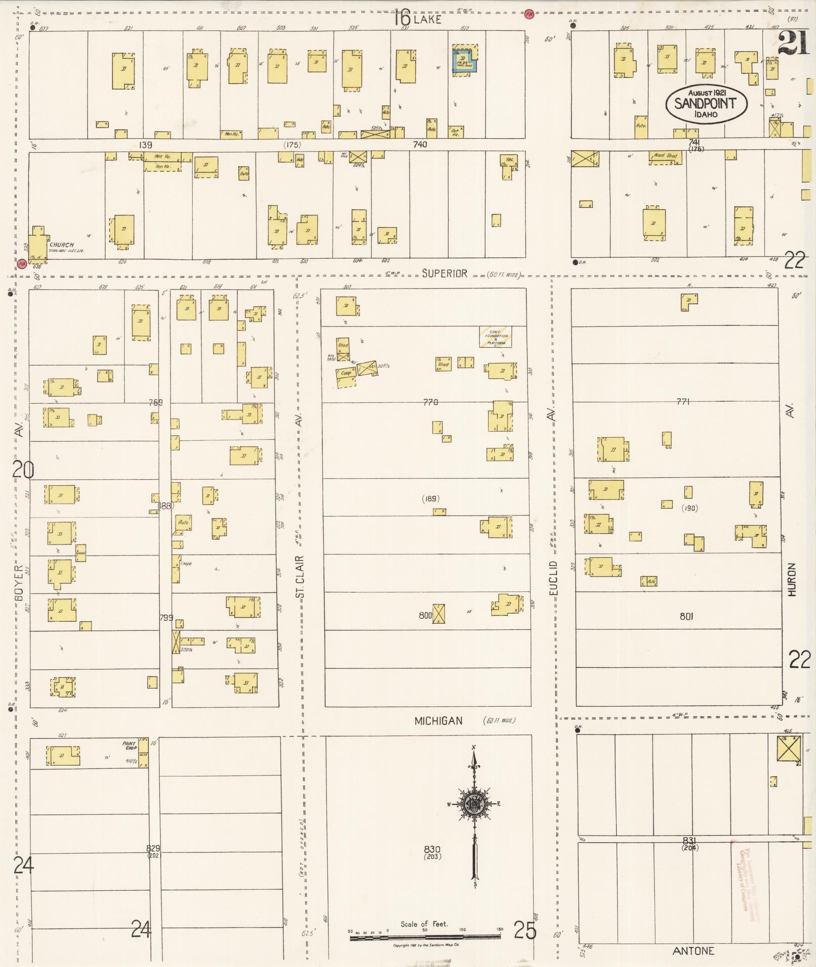 Sanborn Fire Insurance Map from Sandpoint, Bonner County, Idaho (1921), Sheet #0021 - Complete Map Set gallery image, historic Sanborn map, vintage wall art, Idaho Idaho