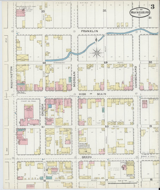Sanborn Fire Insurance Map from Waynesburg, Greene County, Pennsylvania (1891), Sheet #0003 - Historic Sanborn Fire Insurance Map Print, vintage old map wall art, antique decor, genealogy gift, Pennsylvania Pennsylvania map