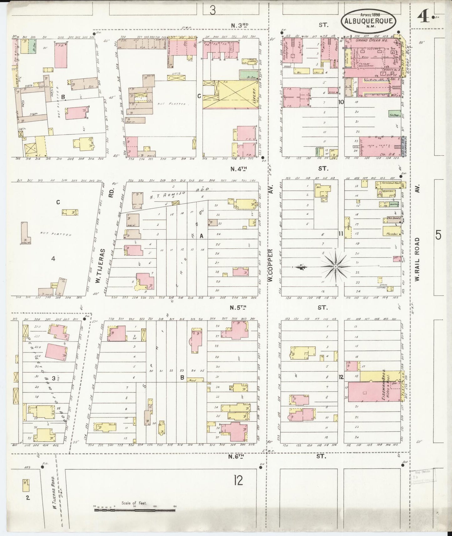 Sanborn Fire Insurance Map from Albuquerque, Bernalillo County, New Mexico (1898), Sheet #0004 - Complete Map Set gallery image, historic Sanborn map, vintage wall art, New Mexico New Mexico