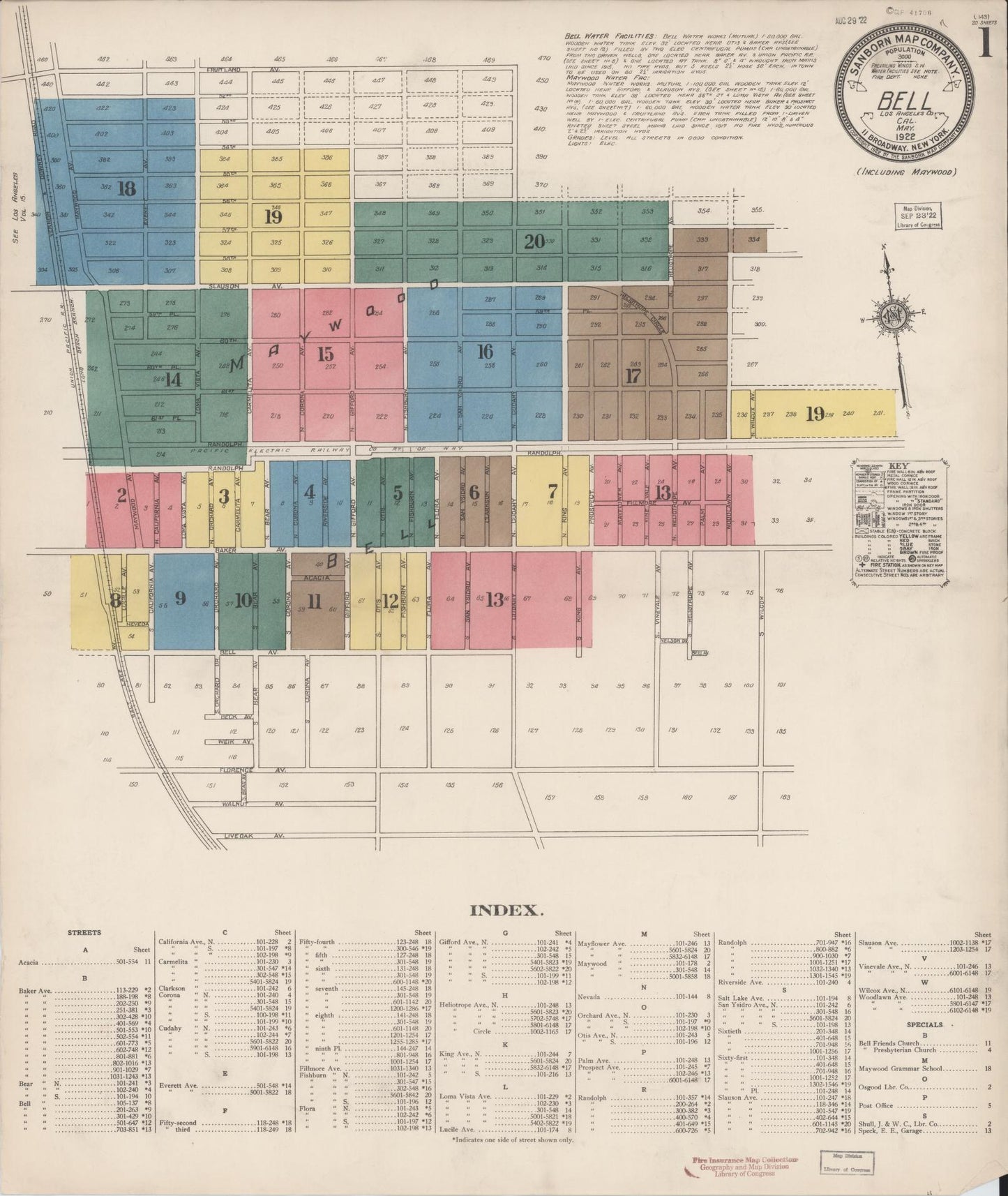 Sanborn Fire Insurance Map from Bell, Los Angeles County, California (1922), Sheet #0001 - Historic Sanborn Fire Insurance Map Print, vintage old map wall art, antique decor, genealogy gift, California California map
